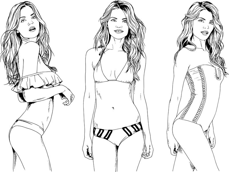 矢量图描绘了漂亮的女孩-穿着泳衣-穿着性感的姿势-用手绘墨水-没有背景的物体