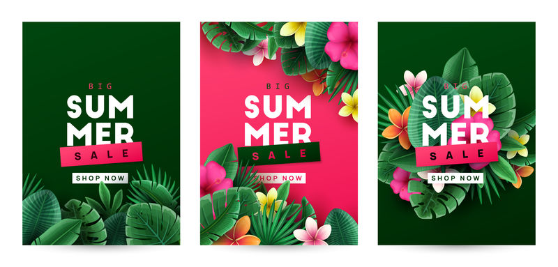 夏季销售背景为热带花卉和棕榈叶矢量图解