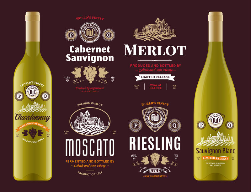 矢量酒标签和瓶子模型