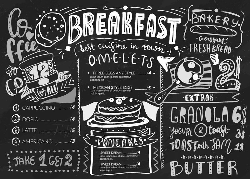 早餐菜单设计模板-在黑板背景上画有食物的草图图标的现代字体-餐厅咖啡馆标识模板
