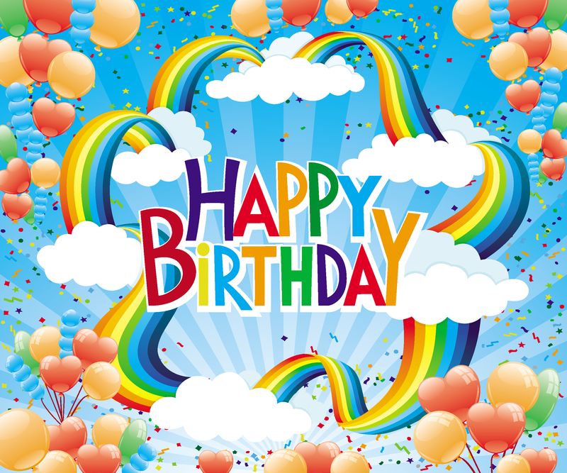 生日派对的彩旗-蓝色天空中有彩虹和气球