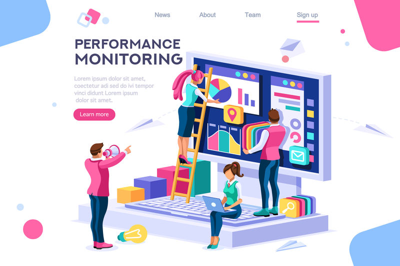 抽象阶梯演示监控收集简单设计师建筑性能监控图平面颜色图标创意插图等距信息图形图像网页横幅