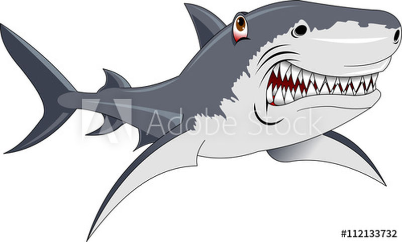 饥饿愤怒的卡通大白鲨与大牙齿孤立