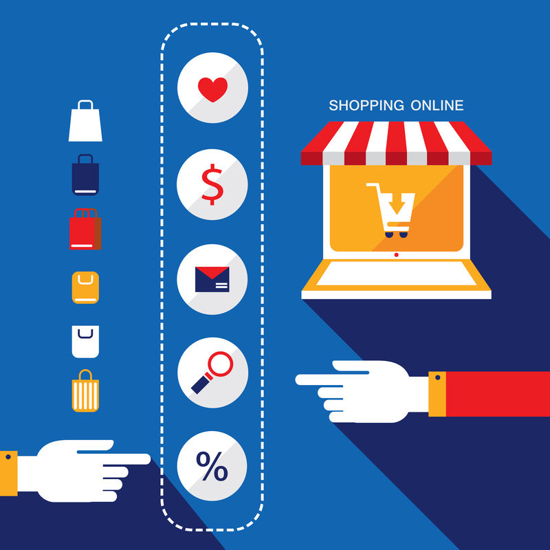 电子商务概念通过网店购买或销售产品的人网上购物矢量图解