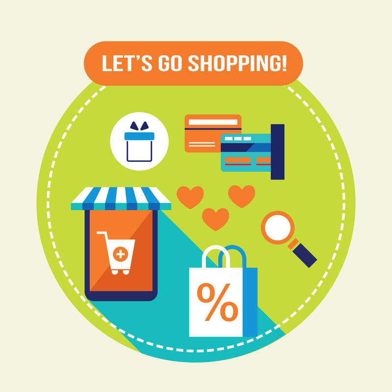 购物容易电子商务网上购物和银行卡支付概念矢量图解