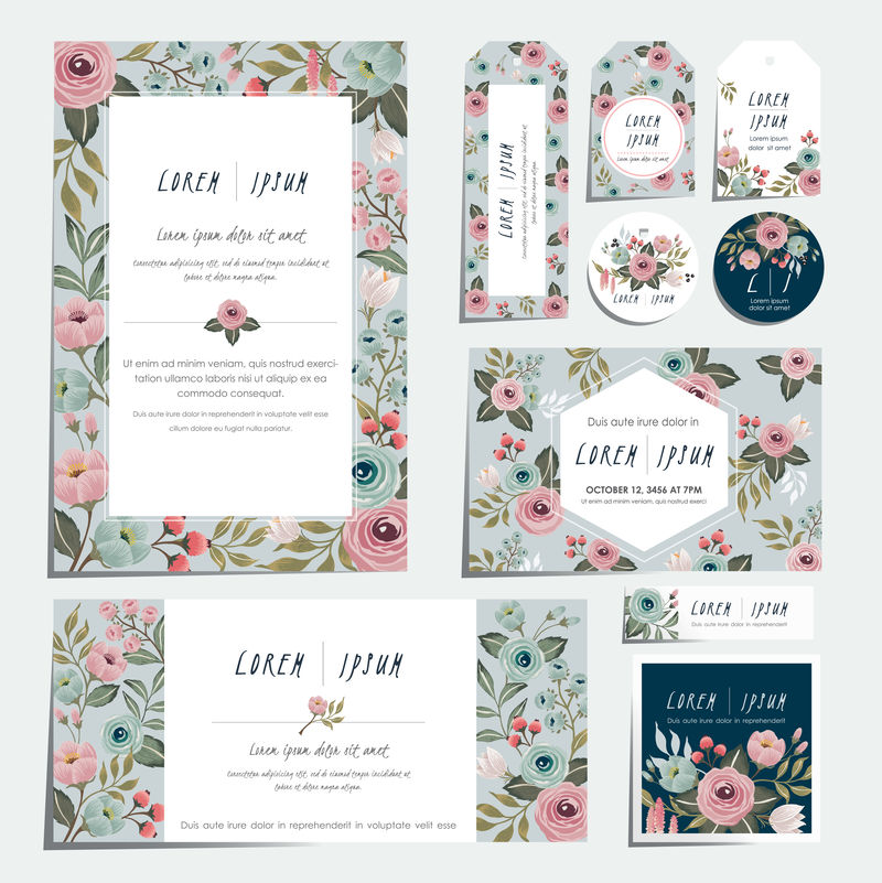 矢量插画一套手绘花卉卡片-用于婚礼周年纪念生日聚会-图标设计网页设计横幅印刷项目海报邀请函小册子和剪贴簿