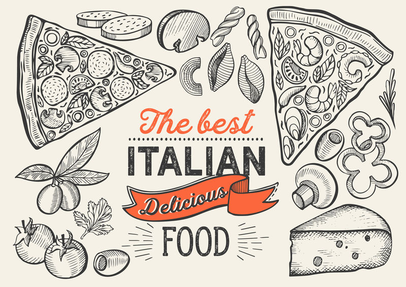 餐厅的比萨饼插图以古董为背景矢量手绘海报为美食咖啡厅和意大利料理卡车用文字和涂鸦图案蔬菜设计