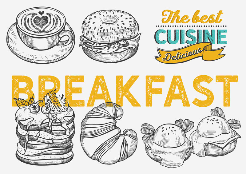 早餐和早午餐食品插图-百吉饼咖啡薄煎饼餐厅用鸡蛋咖啡厅和酒吧的矢量手绘海报刻字和涂鸦复古图案设计
