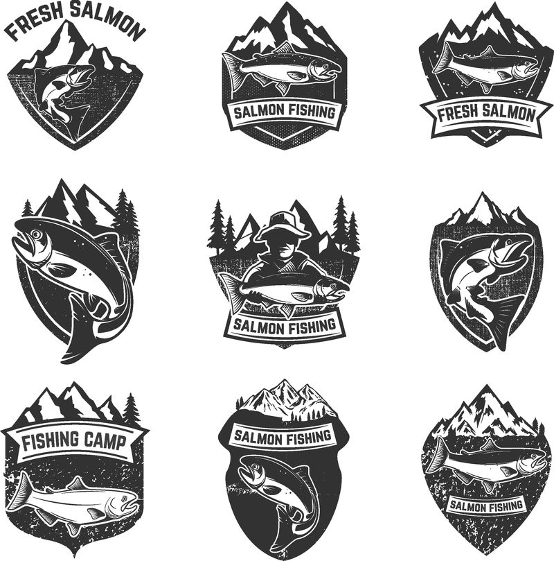 一套带有三文鱼的垃圾徽章-标志标签会徽海报T恤的设计元素-矢量图