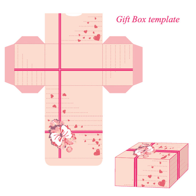 展示带有色带和心形图案的方框模板矢量图