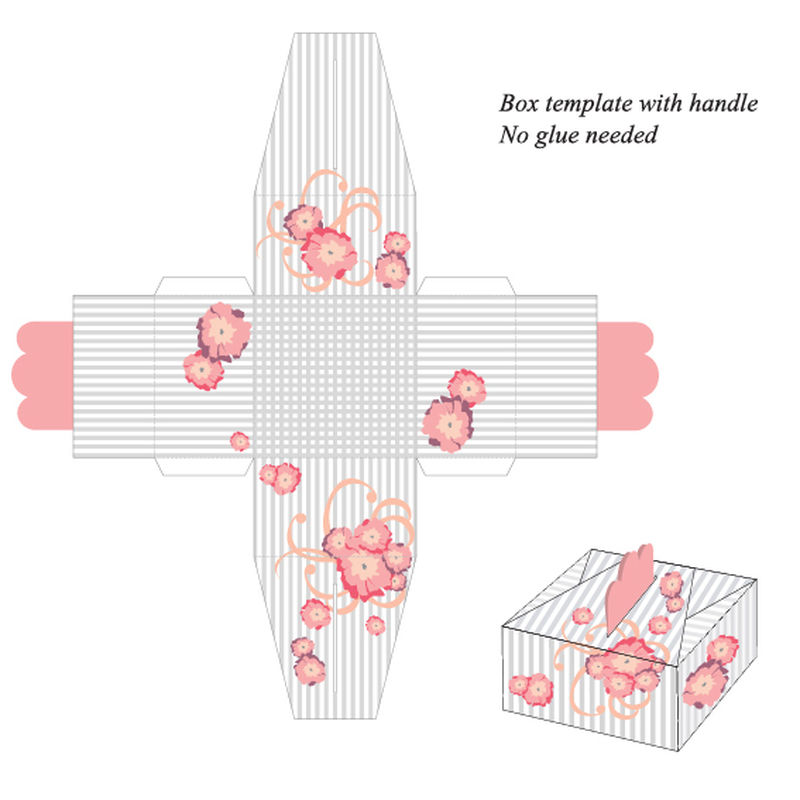 带把手的盒子模板不需要胶水带有条纹和粉色花朵的矢量图