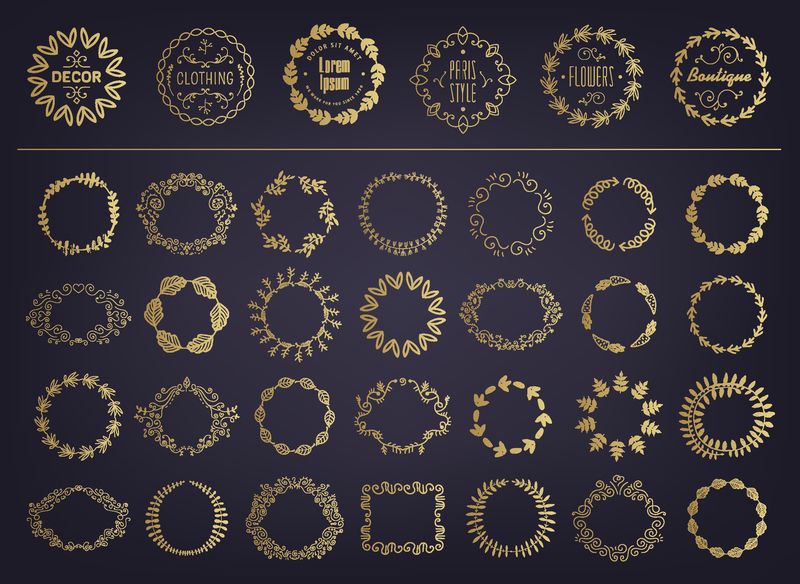 矢量集的金色花卉剪影圆形月桂叶-小麦和橡木花环描绘了一个奖项-成就-纹章-高贵