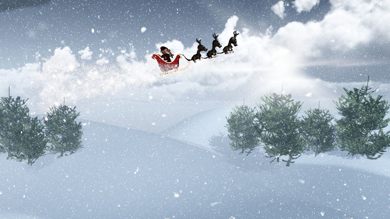 3d圣诞老人和他的雪橇飞过雪景