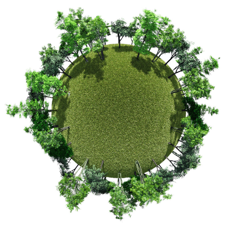 一个小型星球-树木环绕在草地开阔的空地上-白色孤立