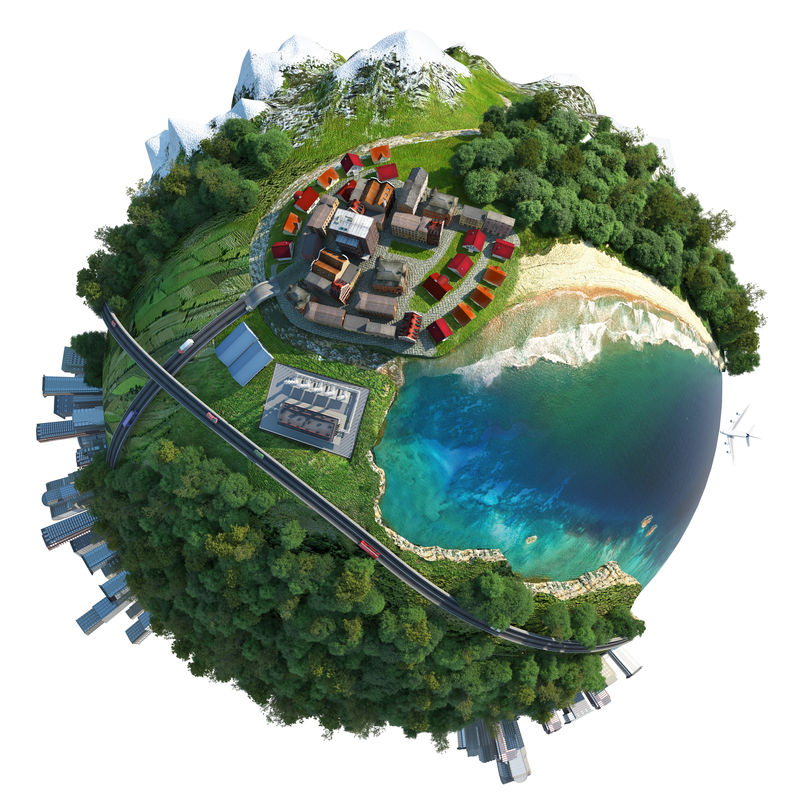 微型地球仪-展示各种景观-如山海滩海洋城镇城市森林-以及交通和通讯-白色隔离