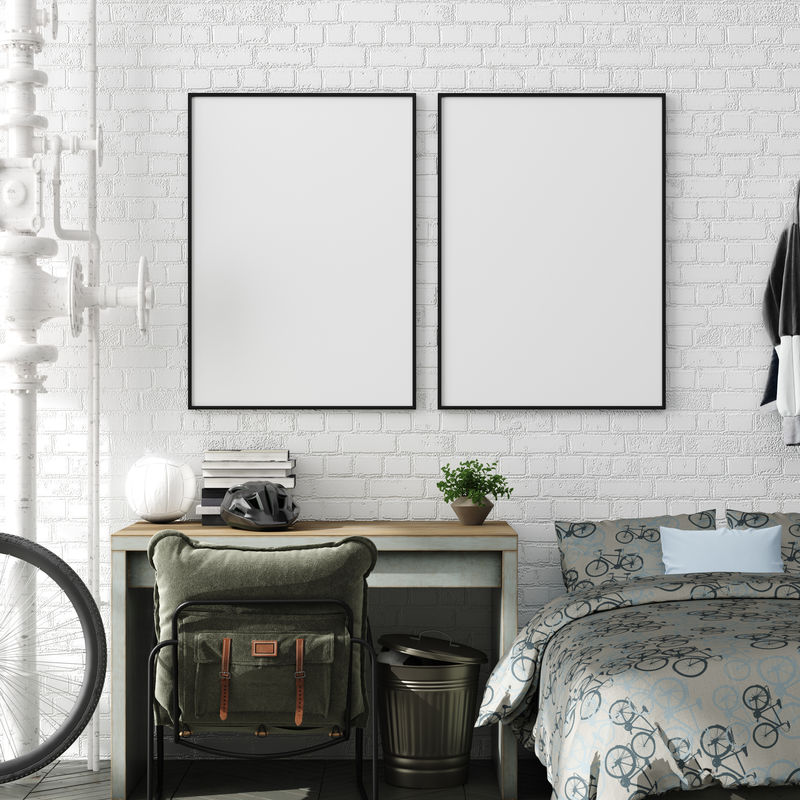 男孩青少年卧室内部背景工业风格3D渲染中的实体海报