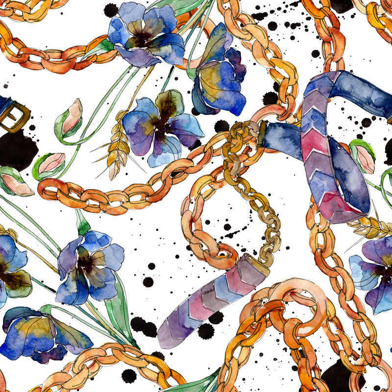 时装版画素描魅力插图-服装配件套装时髦的服装-水彩背景设置-水彩画时尚水彩-无缝图案-织物壁纸印刷纹理