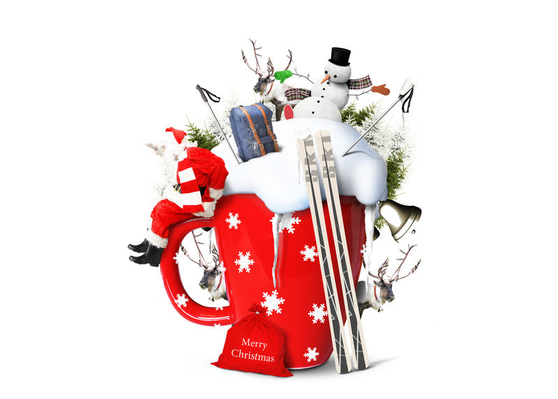 圣诞老人和雪人在一个杯子上用驯鹿