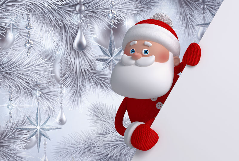 3D圣诞老人角色银色圣诞树挂饰冬季假日背景空白横幅