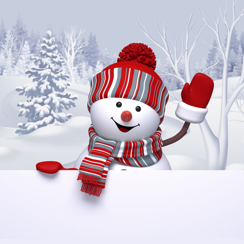 3d雪人挥手冬季森林景观圣诞假期背景节日贺卡空白横幅