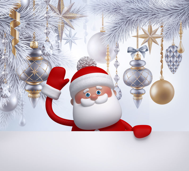 3D插图圣诞老人角色圣诞背景寒假贺卡模板空白横幅