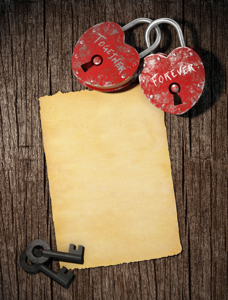 情书背景-两把挂锁钥匙和一张空白纸-还有情人节的复印空间