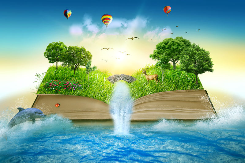 魔法的插图打开了一本书-书上覆盖着绿树-瀑布环绕着大海-幻想世界-想象世界-书-生命之树的概念-原来漂亮的屏幕保护程序