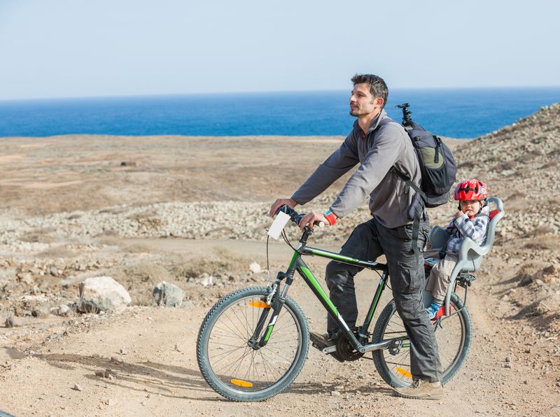 父亲带着儿子在美丽的夏日骑车周末远足
