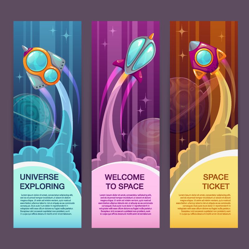 水平空间横幅设置-火箭发射营销插图-矢量排版设计模板与卡通宇宙飞船