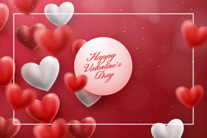 逼真的3D红白心浮动-情人节激发了红心的爱情场景-浪漫向量背景