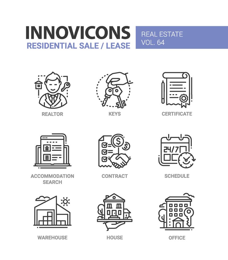 住宅销售和租赁线设计图标集-房地产经纪人-钥匙-证书-住宿搜索-合同-时间表-仓库-房子-办公室-收集蓝色红色高质量图像