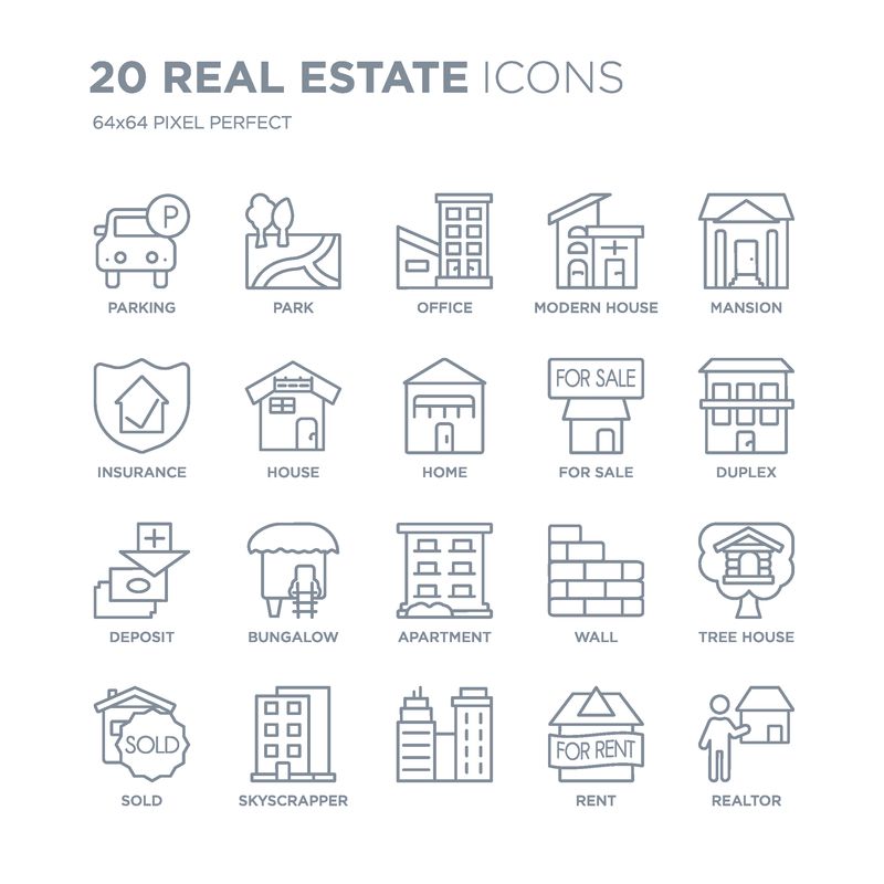 收集20个房地产线性图标-如停车场公园摩天大楼出售大厦待售公寓带细线笔画的存款线图标时尚图标集的矢量插图