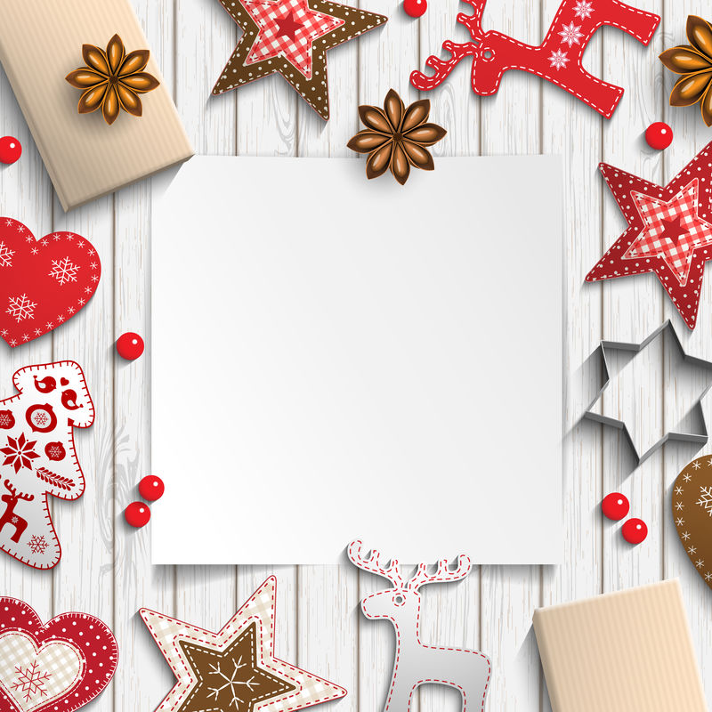 抽象的圣诞节背景放在小斯堪的纳维亚风格装饰木桌子上的白纸插图