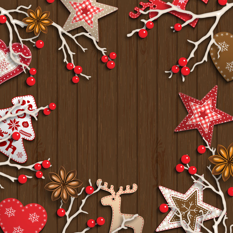 抽象的圣诞背景干枯的树枝上有红色浆果木质桌子上摆放着北欧风格的小装饰插图