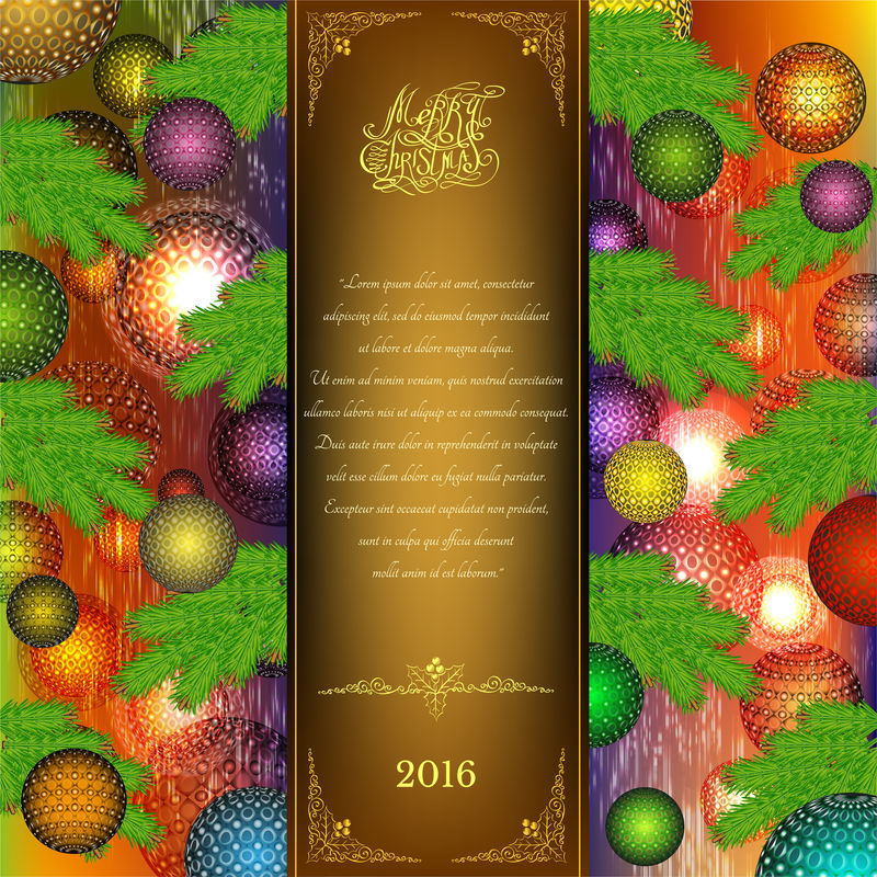 圣诞快乐三折-彩色背景上有圣诞球和杉树元素