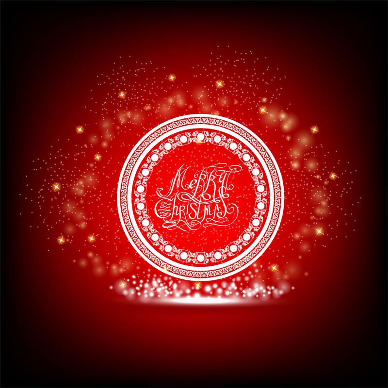 红色背景下的圆形图案框中的书法“圣诞快乐”