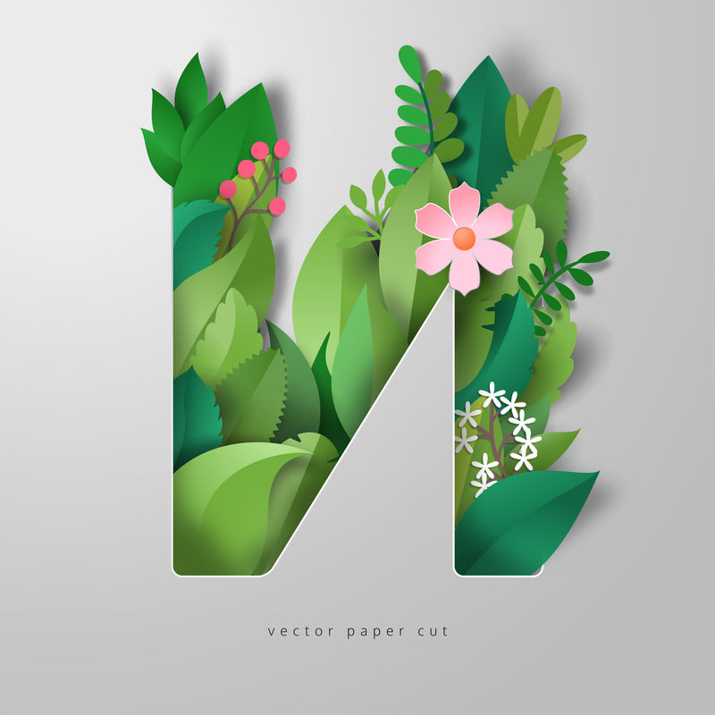 三维矢量剪纸信叶子和花的装饰