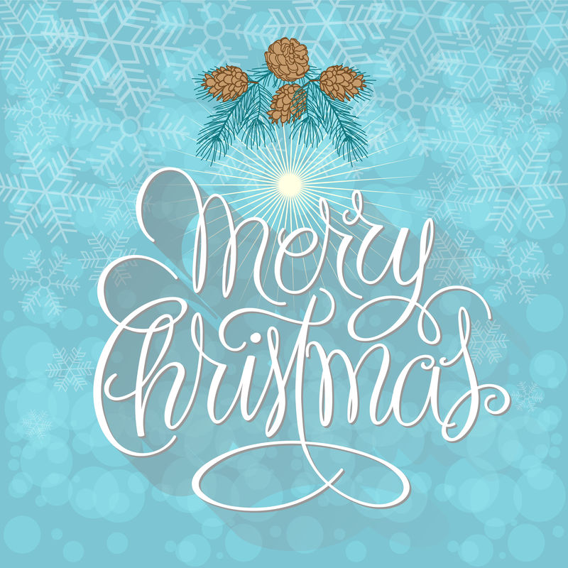 圣诞快乐-新年快乐-矢量图-蓝色背景上带有圣诞装饰品的手写文字