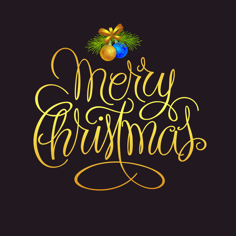 圣诞快乐-新年快乐-矢量图-黑色背景上带有圣诞装饰品的手写文字