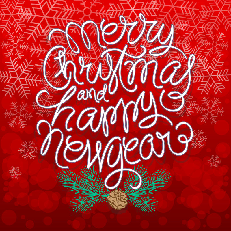 圣诞快乐-新年快乐矢量图-红色背景上带有圣诞装饰品的手写文字
