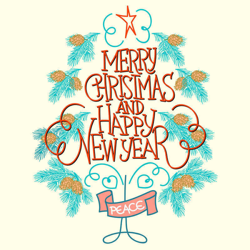 圣诞快乐-新年快乐-矢量图-黄色背景上带有圣诞装饰品的手写文字