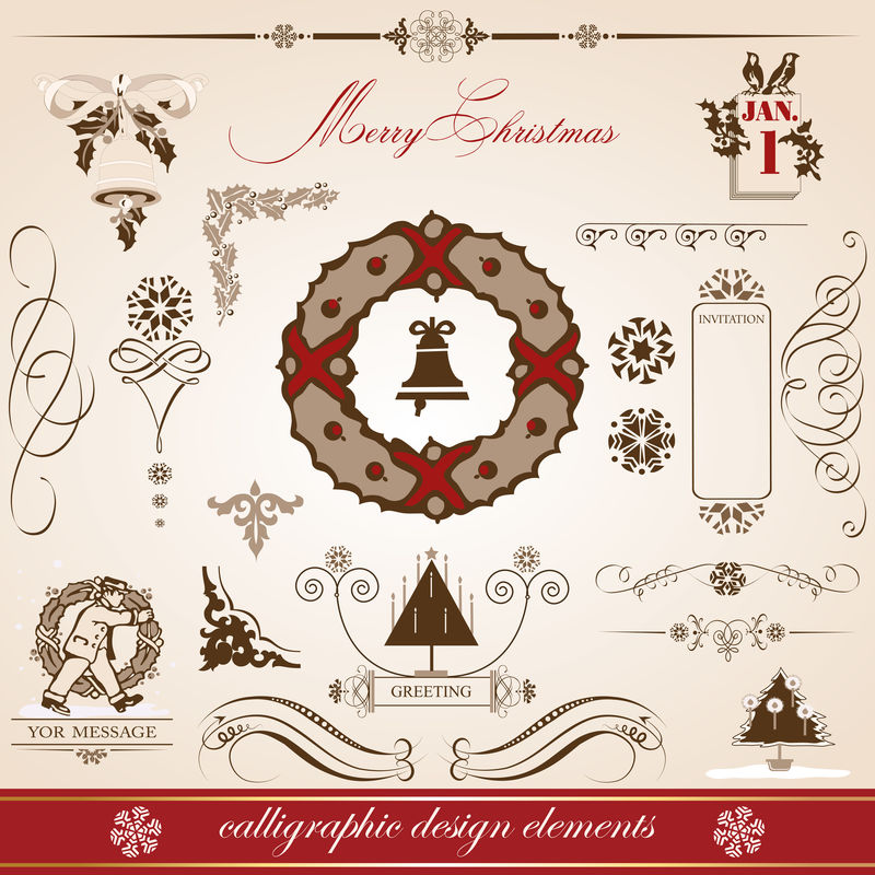 圣诞节和新年-矢量装饰-书法元素-古董和古董首饰-横幅-文字-分离器-雪花和明星设计集-圣诞花环