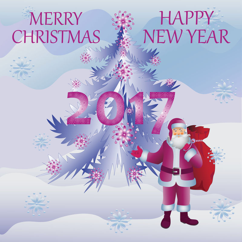 圣诞老人和装饰圣诞树-圣诞快乐-新年快乐-贺卡-横幅-海报-传单