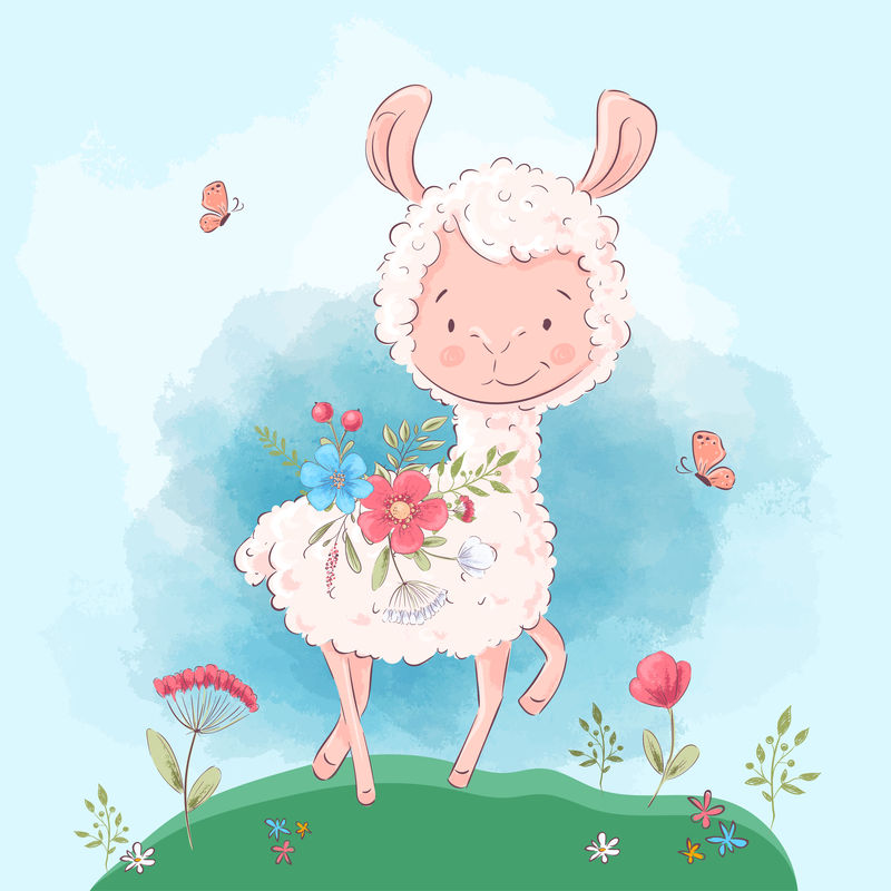 海报可爱的美洲驼花和蝴蝶卡通风格矢量