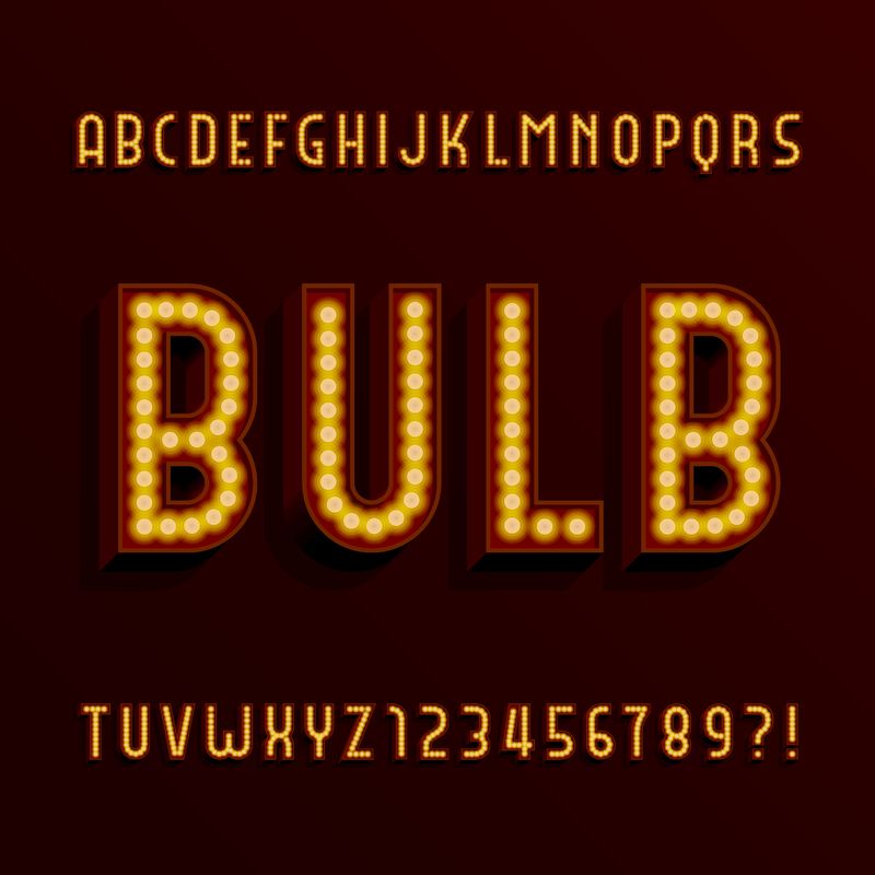 复古灯泡字母矢量字体-带有灯泡和阴影的3D字体-你设计的矢量字体