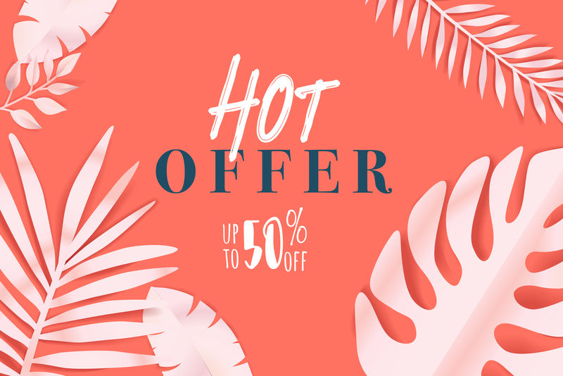 你好-夏季粉色和橙色抽象矢量墙纸热带植物和文字-派对海报和活动的有趣背景