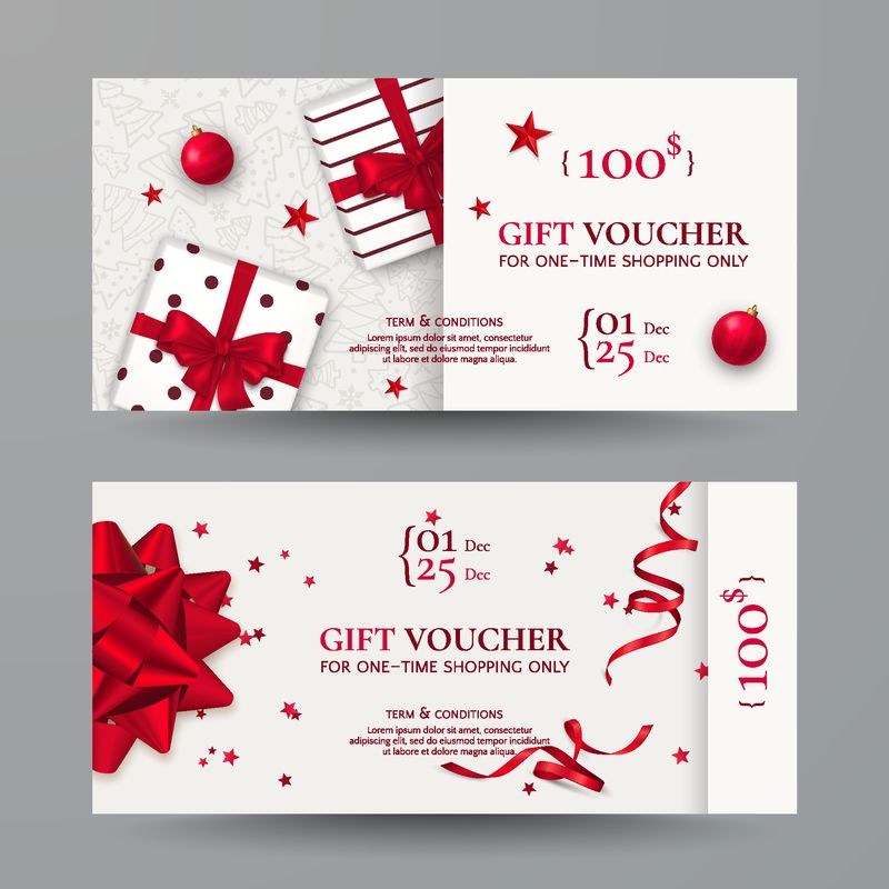 矢量集优雅的圣诞礼品礼券与现实的红色蝴蝶结-礼品盒-玩具-丝带-星星和五彩纸屑-节日背景设计礼品卡-优惠券和假日证书