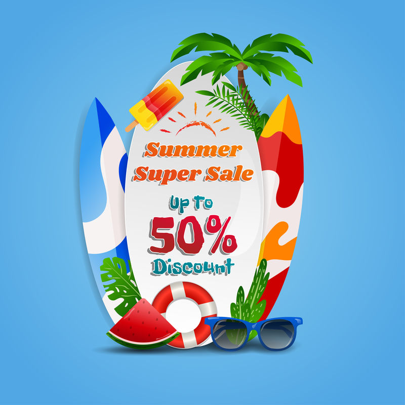 夏季销售折扣季节-蓝色背景的冲浪板冰淇淋和太阳眼镜