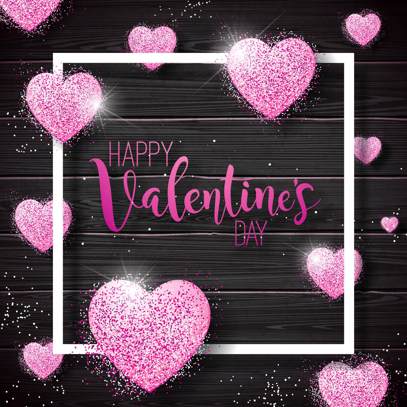 欢乐情人节插图在古典木背景上的粉红色闪光炉缸矢量婚礼和爱情主题设计的贺卡聚会邀请或促销横幅