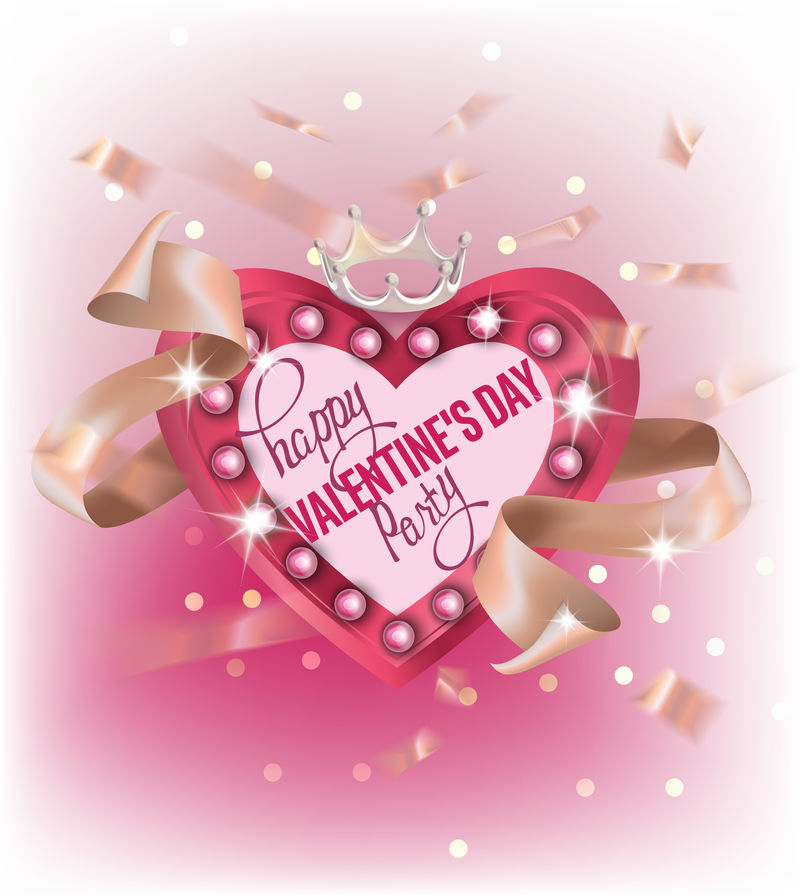 情人节派对横幅-心形灯箱和丝带-矢量图解